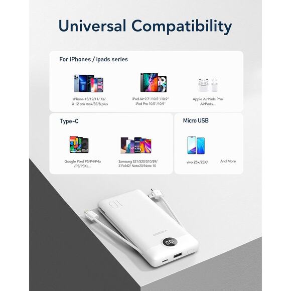 VEGER Portable Charger 10000mAh Slim Fast Charging USB C Power Bank White - Picture 6 of 9